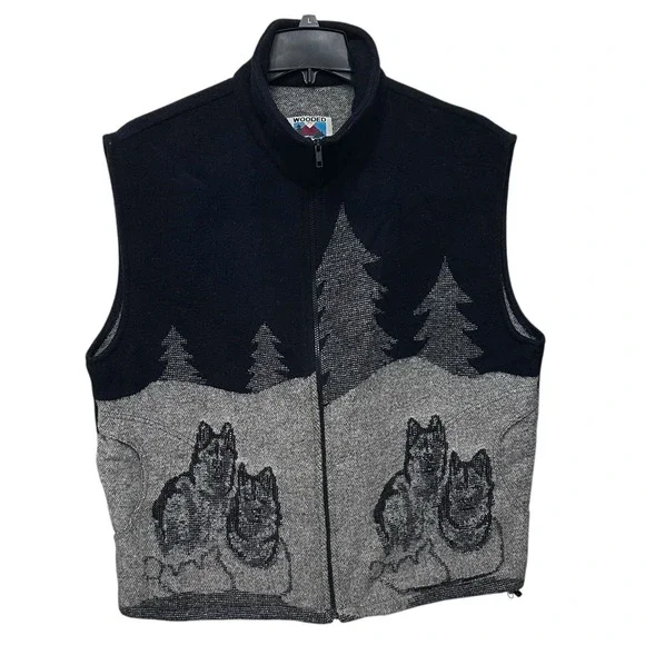 Vintage Wooded River Wool Blend Vest Mens XL Blue Grey Wolves Night Sky Gorpcore